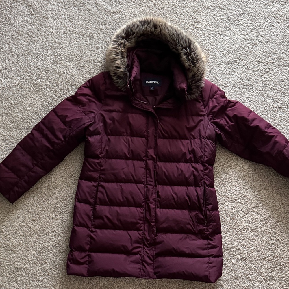 Larry Levine Maroon Puffer Jacket with Faux Fur Trim